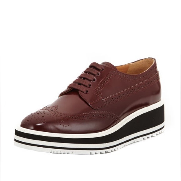 Prada Shoes - Prada Brogue Trim Patent Leather Platform Oxford Loafers in Burgundy